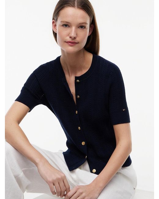 Tommy Hilfiger Blue Pointelle-Tone Button Short Sleeve Cardigan