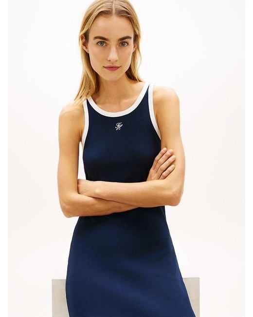 Tommy Hilfiger Blue Contrast Trim Slim Midi Bodycon Dress