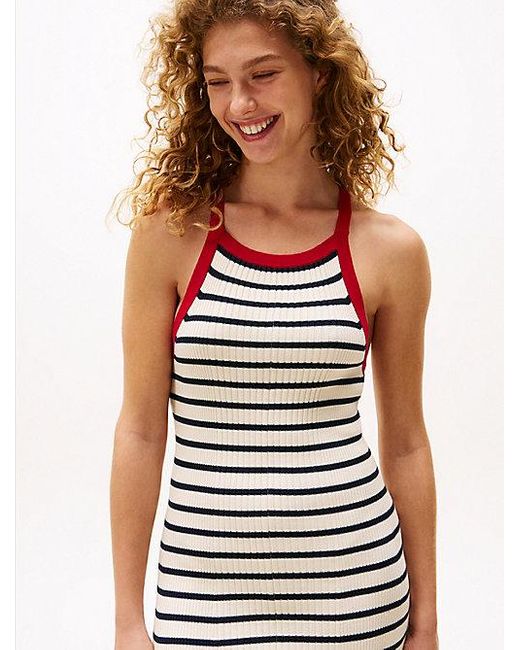 Tommy Hilfiger White The Sofia Capsule Gestreiftes Maxi-Strickkleid