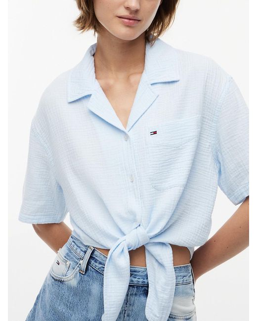 Tommy Hilfiger White Crinkle Tie Front Short Sleeve Shirt