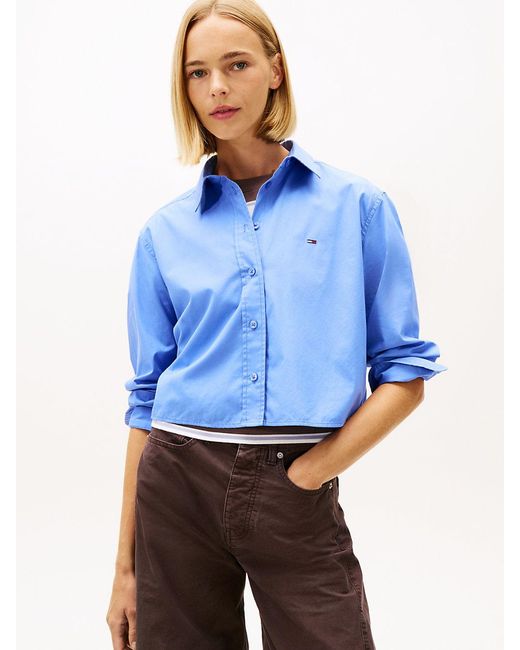 Tommy Hilfiger Blue Relaxed Fit Cropped Poplin Shirt