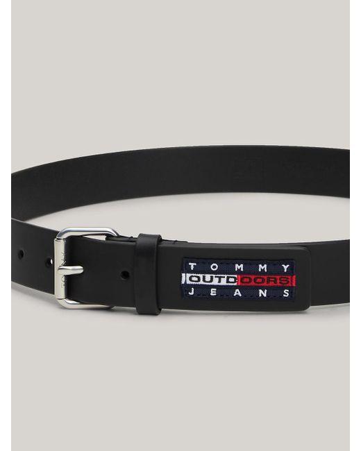 Tommy Hilfiger Black Logo Patch Roller Buckle Leather Belt for men