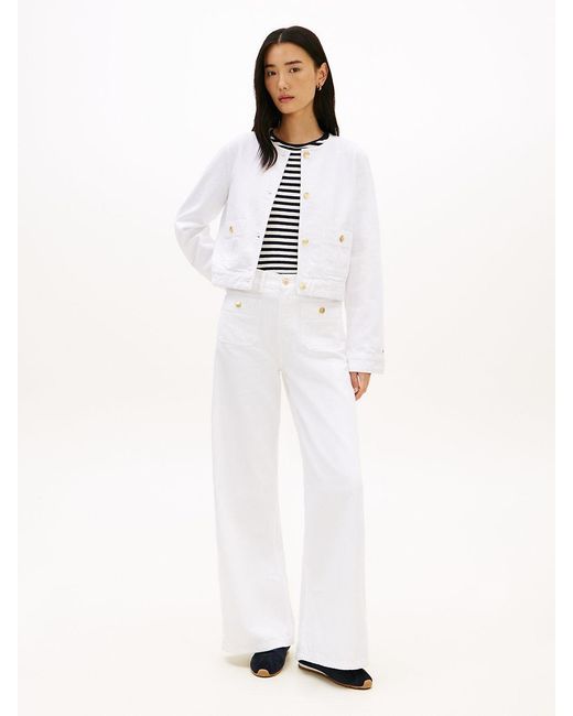 Tommy Hilfiger White Tone Button Collarless Denim Jacket