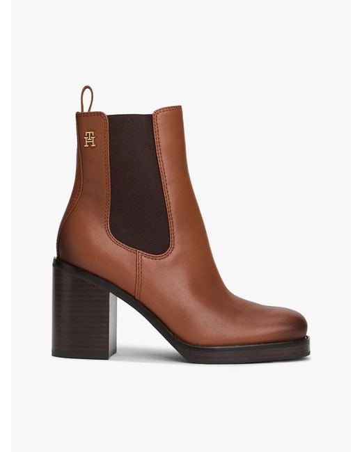 Tommy Hilfiger Brown Leather Square Toe Chelsea Block Heels