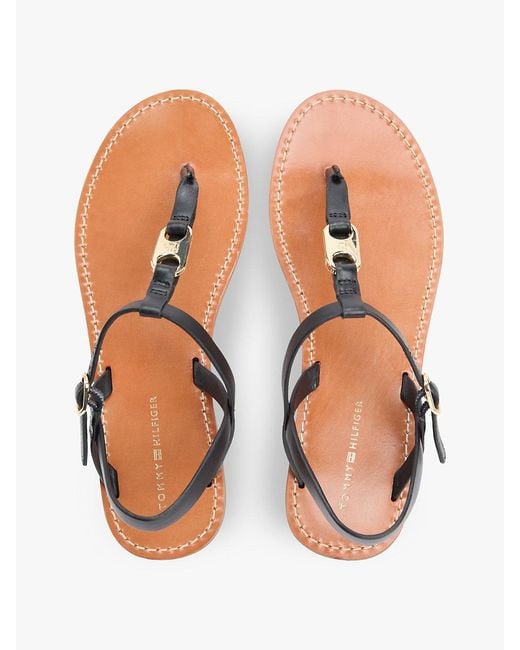 Tommy Hilfiger Black Leather Th Monogram Strap Sandals
