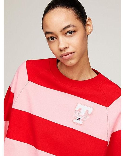 Tommy Hilfiger Red Relaxed Fit gestreiftes College-Sweatshirt