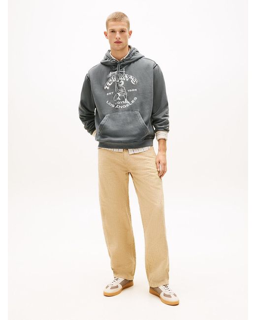 Tommy Hilfiger Gray Gym Logo Embroidery Washed Relaxed Hoody for men