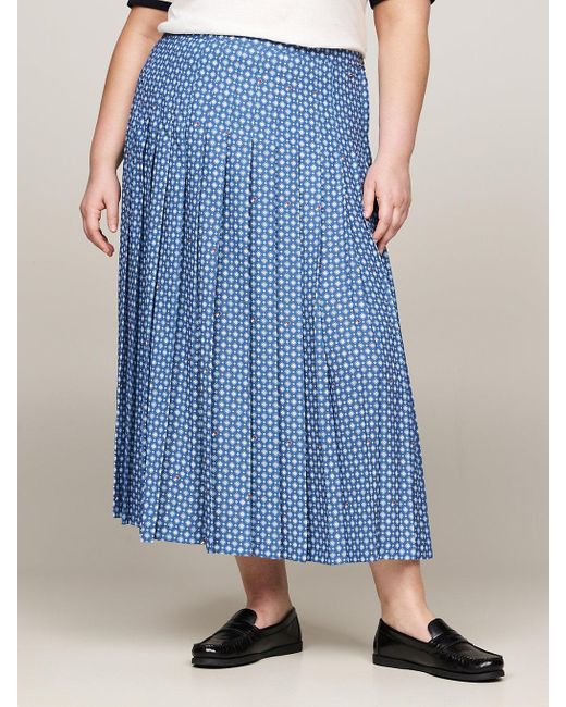 Tommy Hilfiger Blue Curve Foulard Flag Print Pleated Midi Skirt