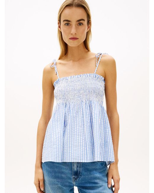 Tommy Hilfiger Blue Seersucker Smock Spaghetti Strap Top