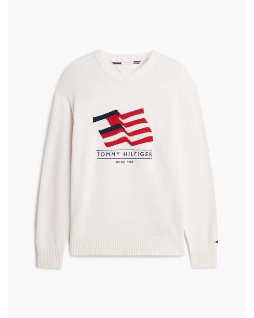 Tommy Hilfiger White Intarsia Flag Relaxed Crew Neck Jumper for men