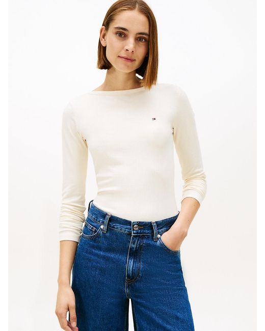 Tommy Hilfiger White Ribbed Slim Boat Neck Long Sleeve T-Shirt