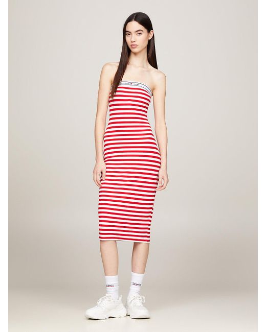 Tommy Hilfiger Pink Logo Tape Stripe Knee Length Tube Dress