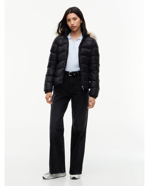 Tommy Hilfiger Black Faux Fur Hood Slim Down Jacket