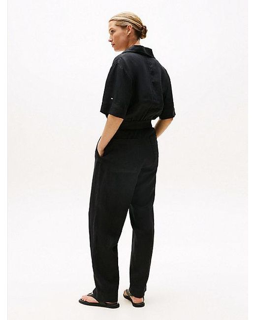 Tommy Hilfiger Linnenmix Jumpsuit Met Korte Mouwen En Riem in het Black