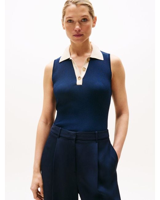 Pull Sans Manches À Col Polo Ajusté En Maille Tommy Hilfiger en coloris Blue