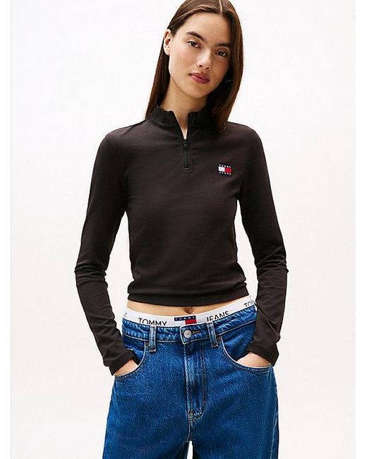 Tommy Hilfiger Longsleeve Top Met 1/4-Rits En Badge in het Blue