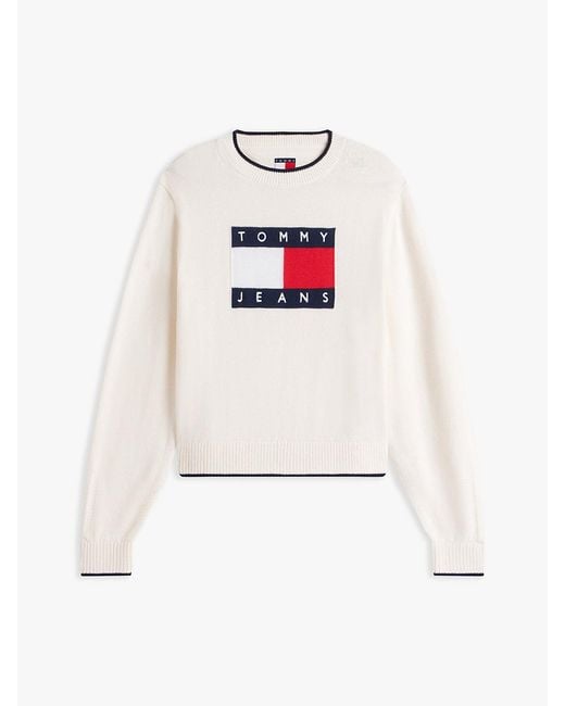 Tommy Hilfiger White Intarsia Flag Badge Tipped Relaxed Jumper