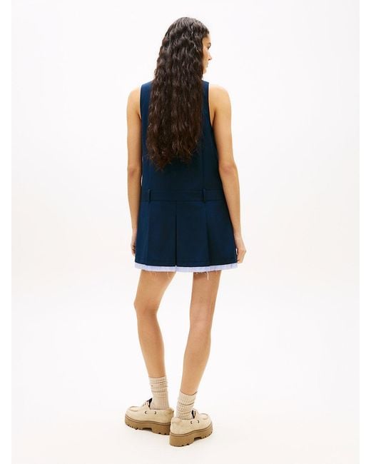 Tommy Hilfiger Blue Tonal Logo Appliqué Pleated Mini Dress