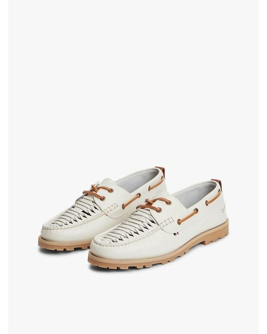 Tommy Hilfiger White Leather Braided Boat Shoes for men