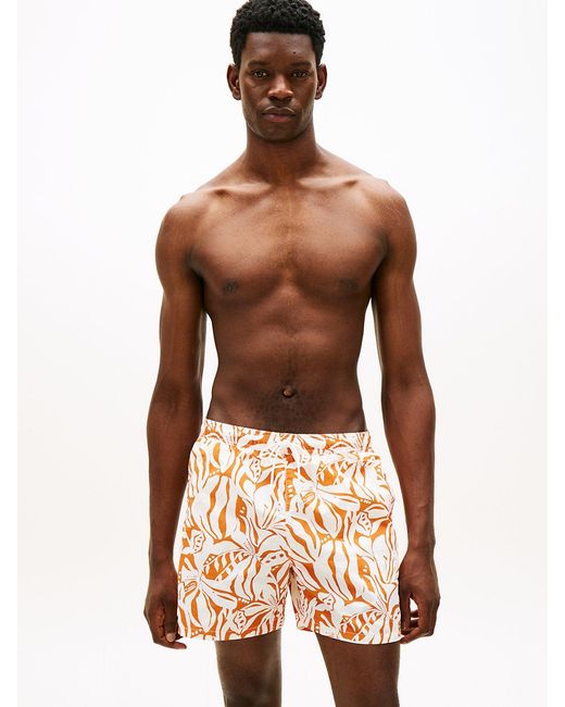Tommy Hilfiger Orange Essential Print Mid Length Swim Shorts for men