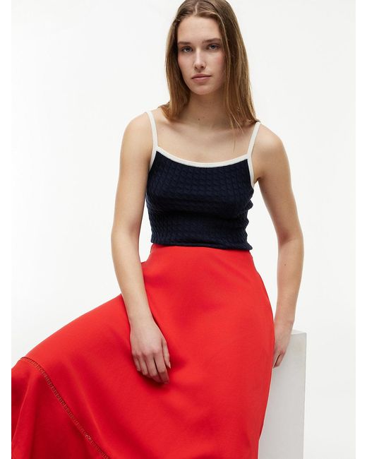 Tommy Hilfiger Red Logo Flare Midi Skirt With Linen