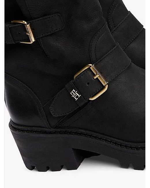 Tommy Hilfiger Leren Bikerboot Met Vetersluiting En Gesp in het Black