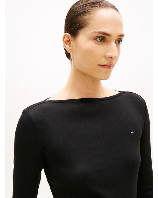 Tommy Hilfiger Black Slim Three-quarter Sleeve Boat Neck T-shirt