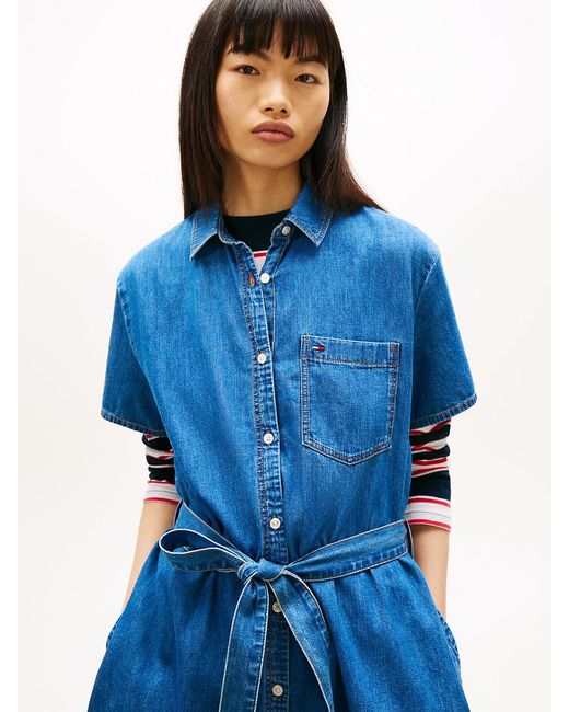 Tommy Hilfiger Blue Chambray Belted Mini Shirt Dress