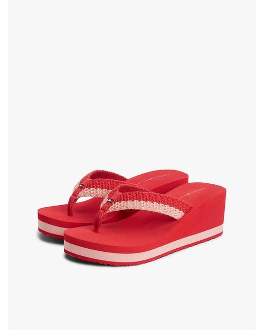 Tommy Hilfiger Red Wedge Heel Woven Flip-Flops