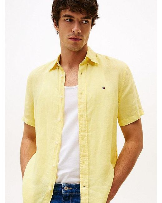 Tommy Hilfiger Regular Fit Linnen Overhemd Met Korte Mouwen in het Yellow voor heren