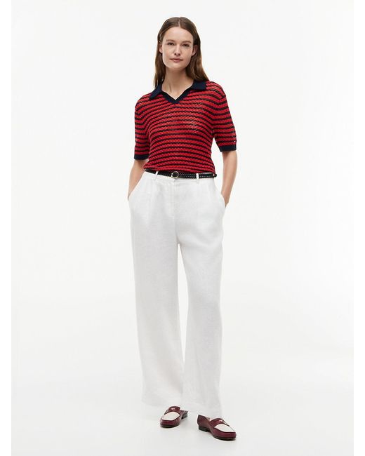 Tommy Hilfiger Red Pointelle Relaxed Short Sleeve Polo Jumper