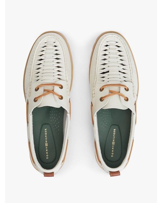Tommy Hilfiger White Leather Braided Boat Shoes for men