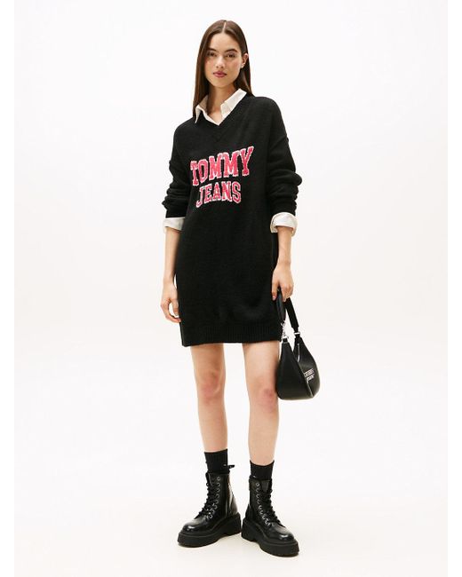 Robe Pull Courte Varsity À Logo En Intarsia Tommy Hilfiger en coloris Black