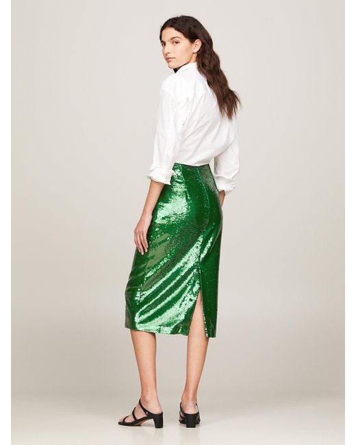 Tommy Hilfiger Green Sequin Pencil Midi Skirt