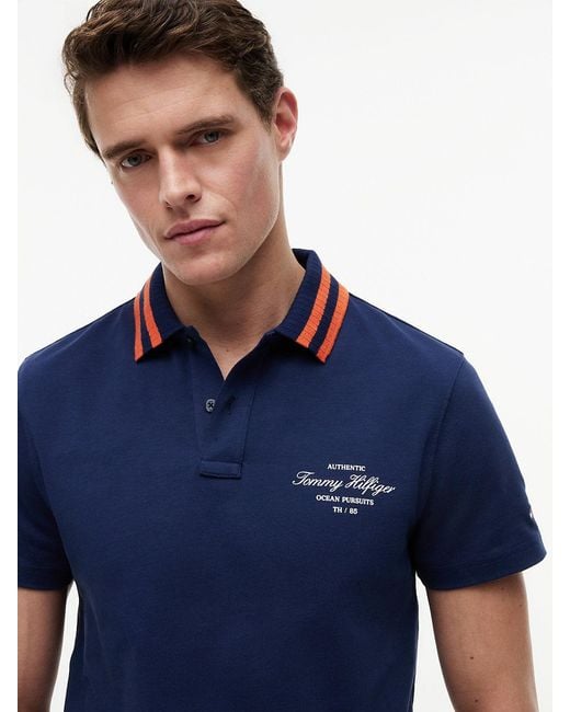Tommy Hilfiger Blue Regular Fit Tipped Collar Jersey Polo Shirt for men