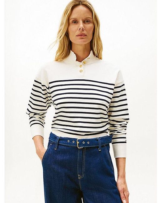 Tommy Hilfiger Gestreepte Trui Met Opstaande Hals En Knopen in het White