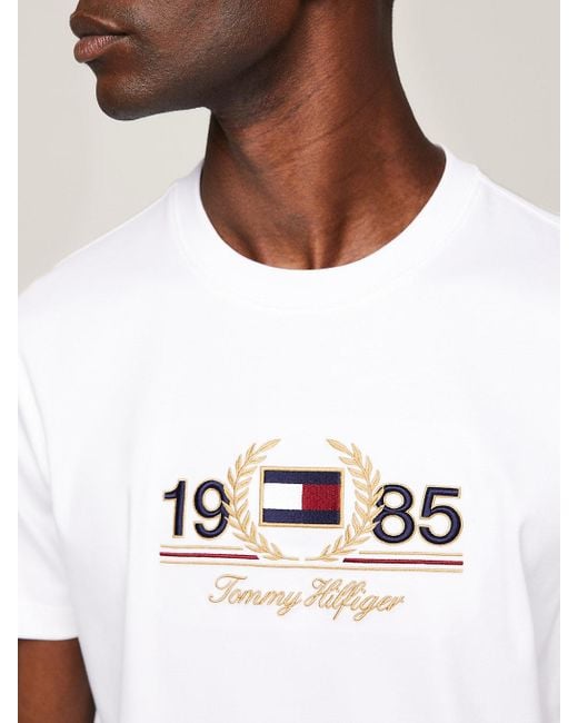 T-shirt à col ras-du-cou et logo brodé Tommy Hilfiger pour homme en coloris White