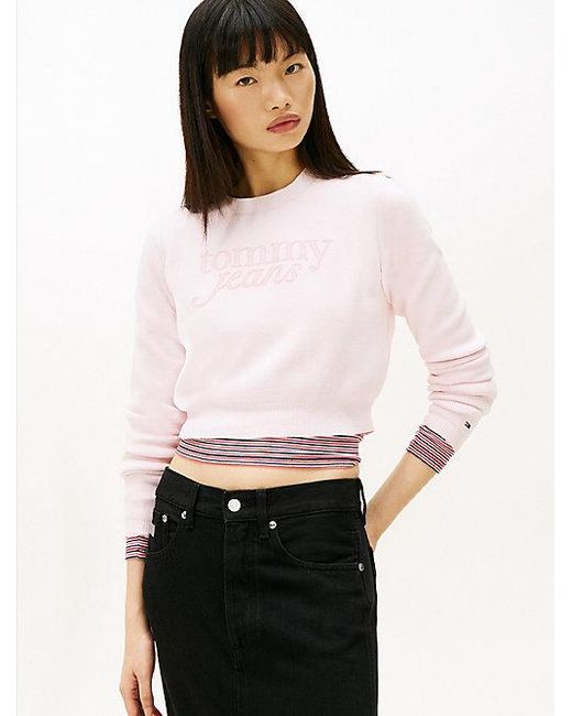 Jersey Cropped De Chenilla Con Logo Bordado Tommy Hilfiger de color White