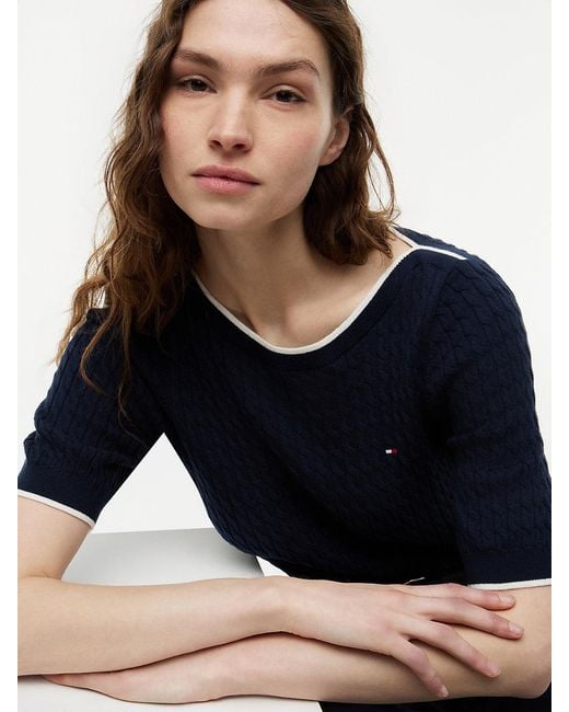 Pull Manches Courtes En Maille Torsadée Col Bateau Tommy Hilfiger en coloris Blue