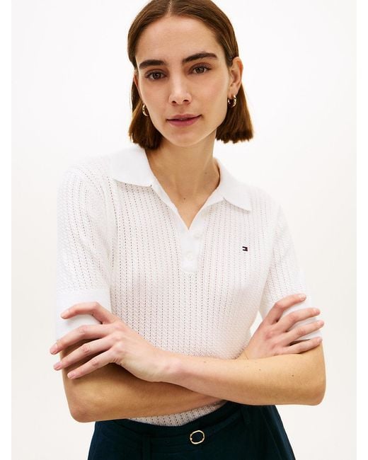 Tommy Hilfiger White Pointelle Short Sleeve Polo Jumper
