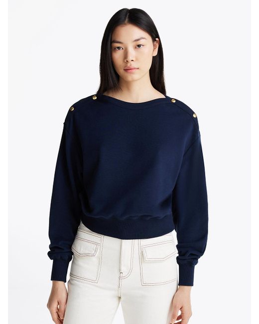 Tommy Hilfiger Blue Gold-tone Button Boat Neck Sweatshirt