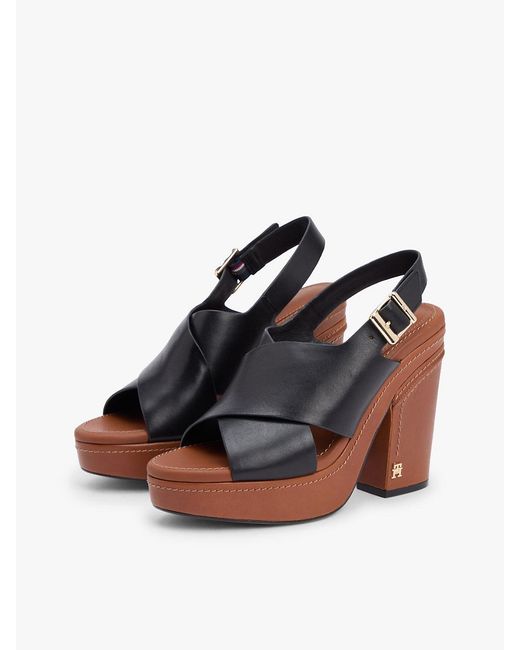 Tommy Hilfiger Black Leather Crossover Strap Block Heel Sandals