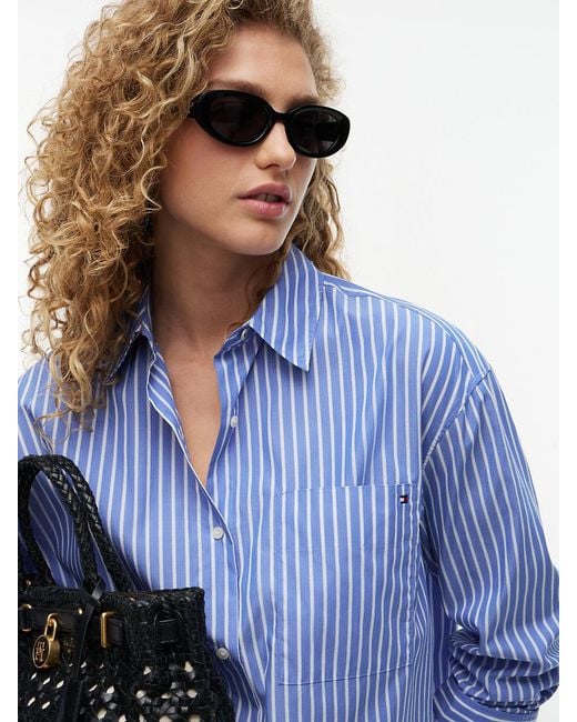 Tommy Hilfiger Blue Oversized Fit Stripe Shirttail Hem Poplin Shirt
