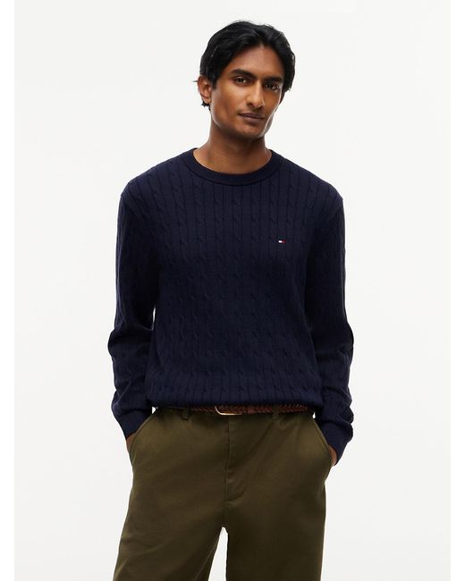 Tommy Hilfiger Blue Cable Knit Crewneck Sweater Lightweight Pullover for men