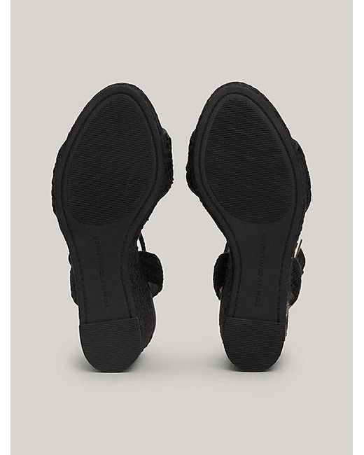 Tommy Hilfiger Black Leinen-Sandals mit hohem Keilabsatz