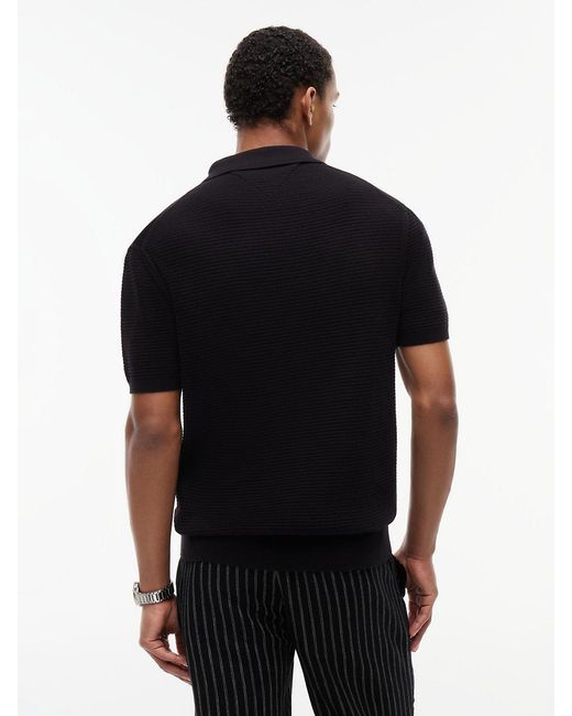 Tommy Hilfiger Black Regular Fit Textured Knit Zip Polo Shirt for men