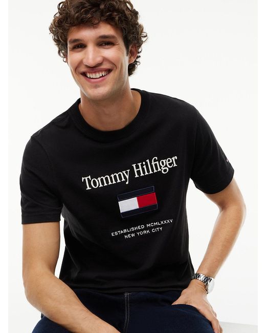 Tommy Hilfiger Black Logo Embroidery Crew Neck T-Shirt for men