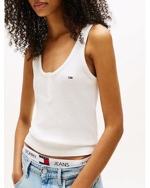 Tommy Hilfiger Wafelgebreide Slim Fit Henley-Tanktop in het White