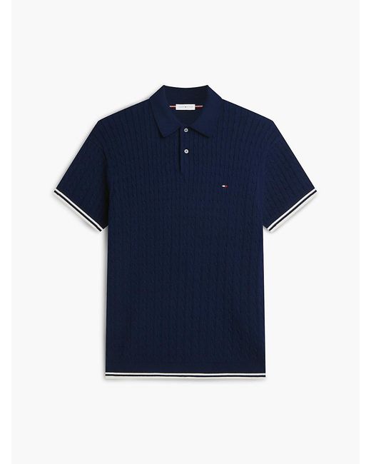 Tommy Hilfiger White Cable Knit Short Sleeve Polo Jumper for men
