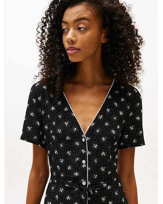 Tommy Hilfiger Midi-Jurk Met V-Hals En Bloemenprint in het Black